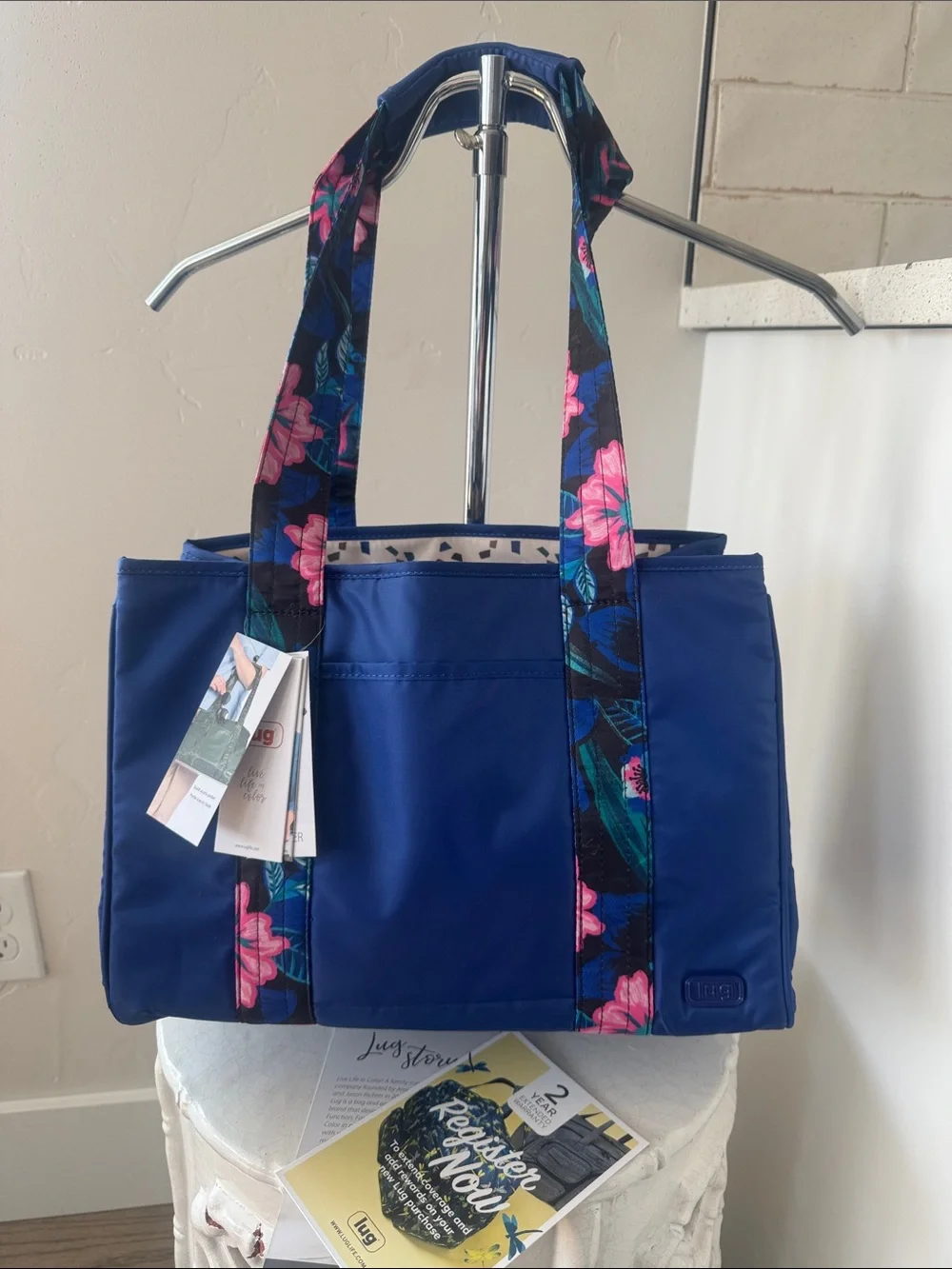 Lug Mini Rover Cobalt Blue Floral-Trim Expandable and collapsible Tote Bag NWT